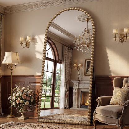 Antok 58" x 21" Arched Full Length Mirror, Antique Beaded Frame Floor Standing or Wall Mounted Mirror with Stand for Bedroom, Entryway, Brown, Luxury Style