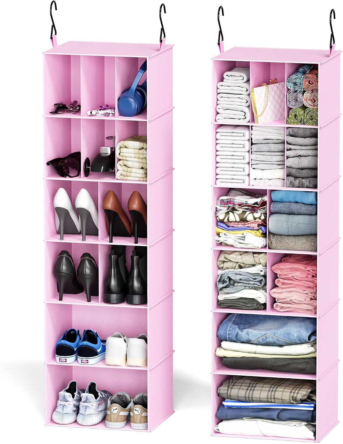 SpaceAid 2 Pack Hanging Closet Organizer and Storage with Dividers, 24 Compartments Hanging Shoe Shelves for Closet, Wardrobe, RV, Garment Rack - Black