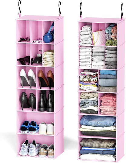 SpaceAid 2 Pack Hanging Closet Organizer and Storage with Dividers, 24 Compartments Hanging Shoe Shelves for Closet, Wardrobe, RV, Garment Rack - Black