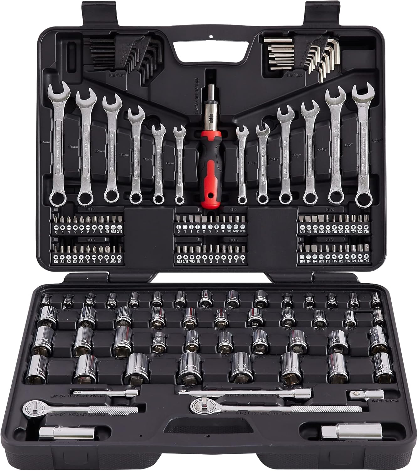 MECHMAX 121-Piece Mechanics Tool Set, 1/4 & 3/8-Inch Drive | Metric and standard SAE socket wrench kit. General automotive repair hand tool set for car mechanics and garage DIY