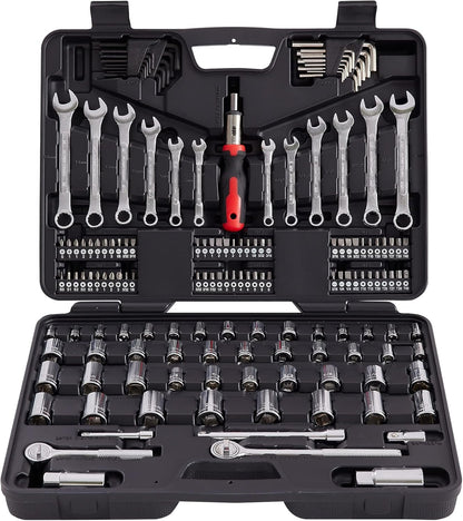 MECHMAX 121-Piece Mechanics Tool Set, 1/4 & 3/8-Inch Drive | Metric and standard SAE socket wrench kit. General automotive repair hand tool set for car mechanics and garage DIY