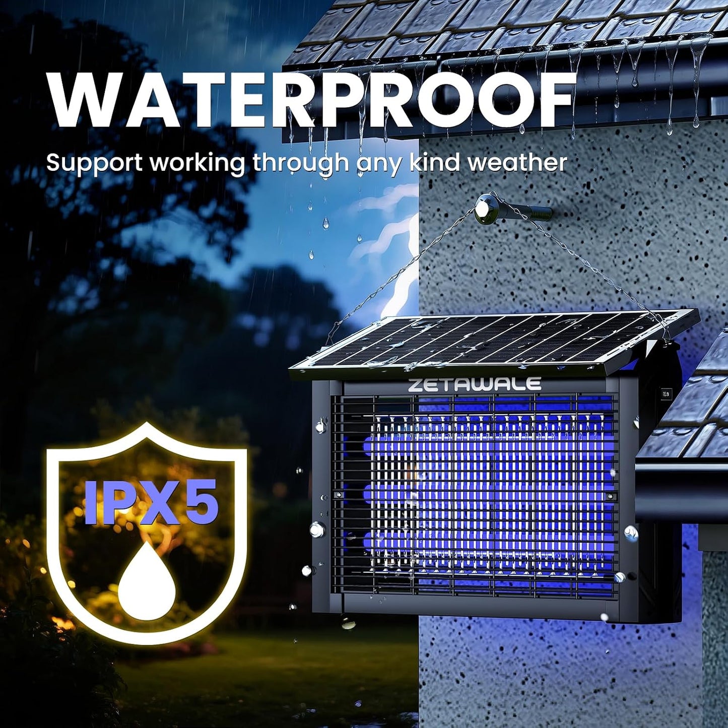Solar Powered Bug Zapper Outdoor, 4500V Mosquito Trap with 10W Solar Panel, Fly Trap & Mosquito Killer, 10FT Extension Cord, IPX5 Waterproof, 2100 Sq.Ft Coverage for Patio, Backyard, Garden