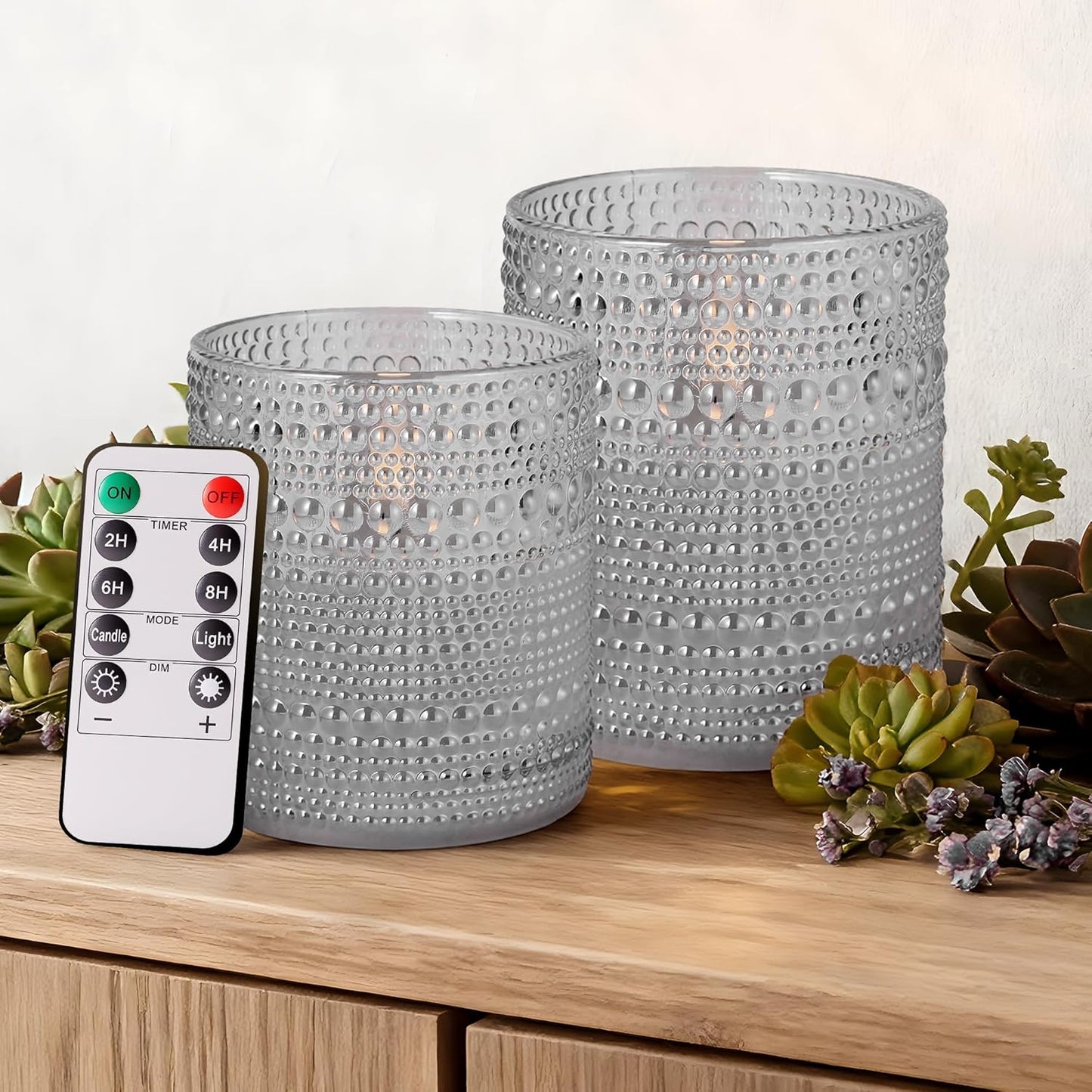 Dotted Glass Flameless Candles with Remote Timer, Real Wax Battery Operated LED Pillar Candles with 3D Flickering Flame for Festival Wedding Home Party Decor, 3" x 4", 4" x 5", Set of 2 (White)