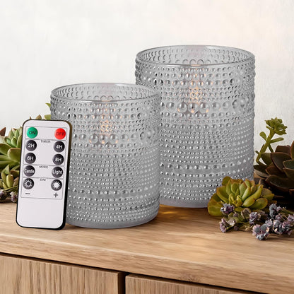 Dotted Glass Flameless Candles with Remote Timer, Real Wax Battery Operated LED Pillar Candles with 3D Flickering Flame for Festival Wedding Home Party Decor, 3" x 4", 4" x 5", Set of 2 (White)
