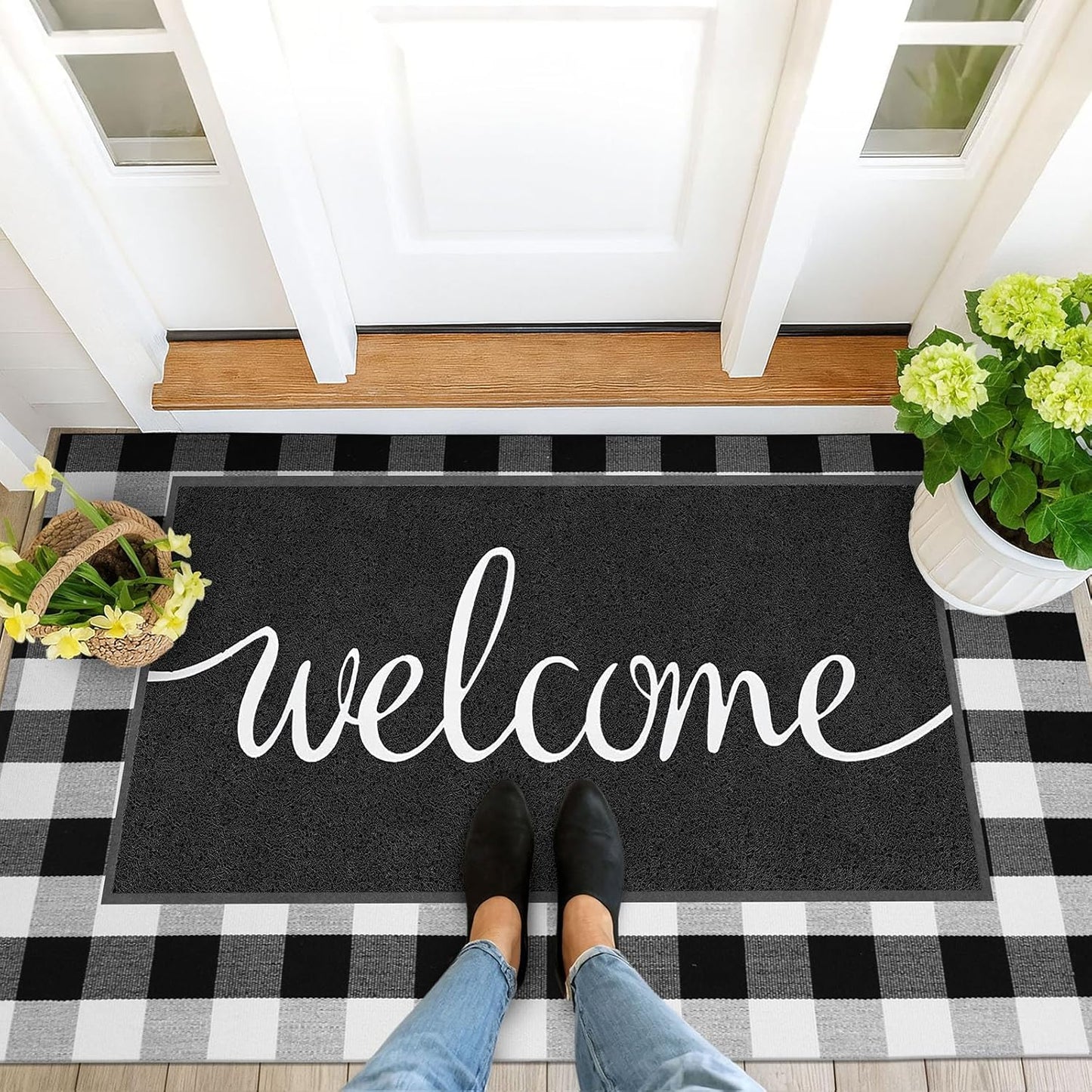 EARTHALL Door Mat Outside Inside Home Doormat, 30"x17.5", Durable Floor Mat Non Slip Mat Ultra Absorb Mud Easy Clean Front Doormat for Garage, Entryway, Patio, High Traffic Areas, Black
