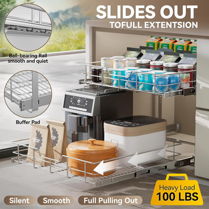2 Tier Pull Out Cabinet Organizer 11" W X 22" D, Slide Out Drawers For Kitchen Cabinets, Pull Out Drawers For Cabinets Capacity Heavy Duty Caddy, Cabinet Pullout Shelves Chrome-Plated, Bathroom Pantry