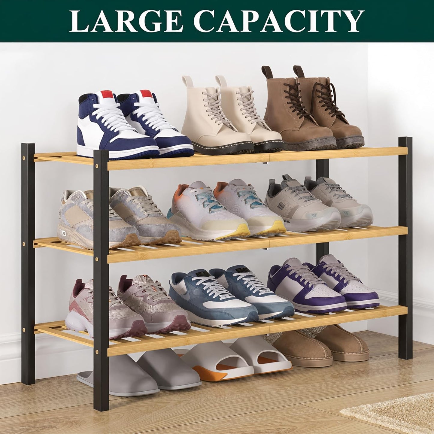 Smiry Bamboo Shoe Rack for Closet, 3 Tier Wooden Shoe Organizer, Stackable Wood Shoe Storage Shelf for Entryway, 14 Vertical Slats, One-piece Heavy-Duty Legs, 26.77"x11.02"x18.31", Natural
