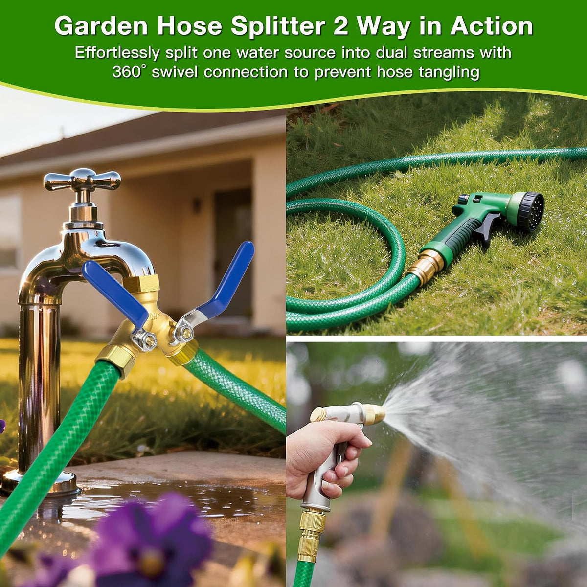 360° Swivel Garden Hose Splitter 2 Way, Solid Brass Water Hose Splitter with Dual Shutoff Valves, 3/4" GHT Thread Leak-Proof Hose Connector for Outdoor Faucet Lawn, Irrigation & Washing