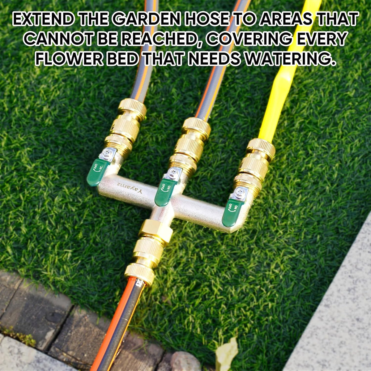 Garden Hose Splitter, 3/4” Rust and Freeze Resistant Outdoor Hose Manifold with 2 green Extra Long Handles Faucet Adapter-Heavy Duty Brass Nickel Plated 2-Way Valve