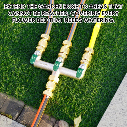 Garden Hose Splitter, 3/4” Rust and Freeze Resistant Outdoor Hose Manifold with 2 green Extra Long Handles Faucet Adapter-Heavy Duty Brass Nickel Plated 2-Way Valve