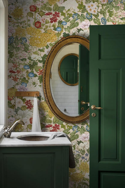 Wallpaper Peel and Stick Floral Wall Paper Removable Waterproof Navy/Pink/Orange Contact Paper for Bedroom, Bathroom,Bathroom, Home Wall 17.3" x 118"