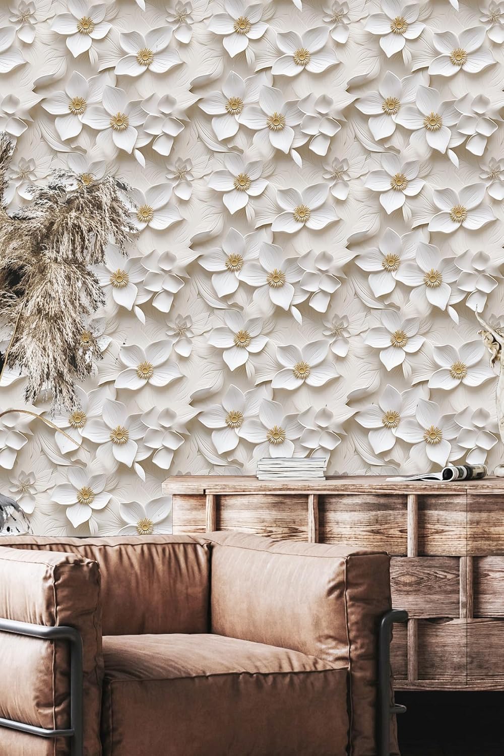 Floral Peel and Stick Wallpaper 3D Effect Interior Wall Décor Contact Paper Self Adhesive Removable Renter Friendly for Bedroom Living Cabinet Room 17.7in x 9.8ft (Not Textured Wallpaper