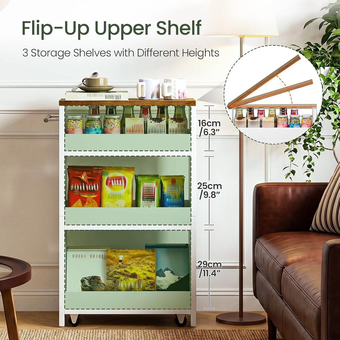 CHOEZON Slim Storage Cart, Slim Storage Rack on Wheels, Rolling Trolley with Handle, Storage Organizer, for Kitchen, Dining Room, Living Room, Laundry Room, White and Walnut MTC01WL