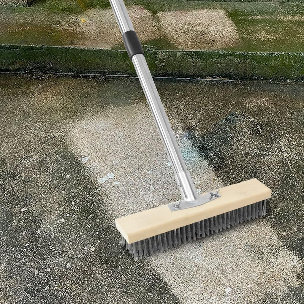 Heavy Duty Floor Scrubber,Deck Brush with Long Handle,56L''×12W Stainless Steel Wire Scrub Brush, Stiff Metal Bristle Scrubber Broom for Deck, Concrete, Patio Floor Cleaning Moss Removal