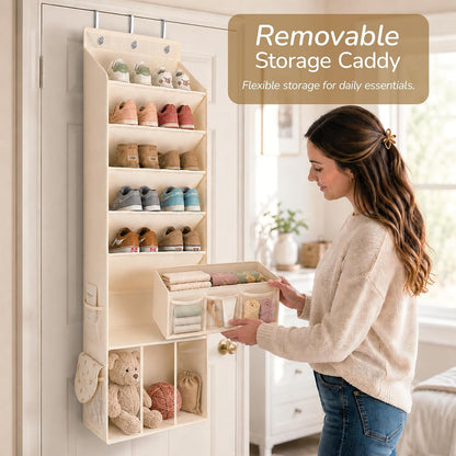 3in1 Over The Door Shoe Organizer with 5 Slanted Compartments,Removable Storage Bin & Transparent Pockets,Thickened Waterproof Oxford Fabric Shoes Rack for Shoes,Boots,Toys,Daily Essentials. (Beige)