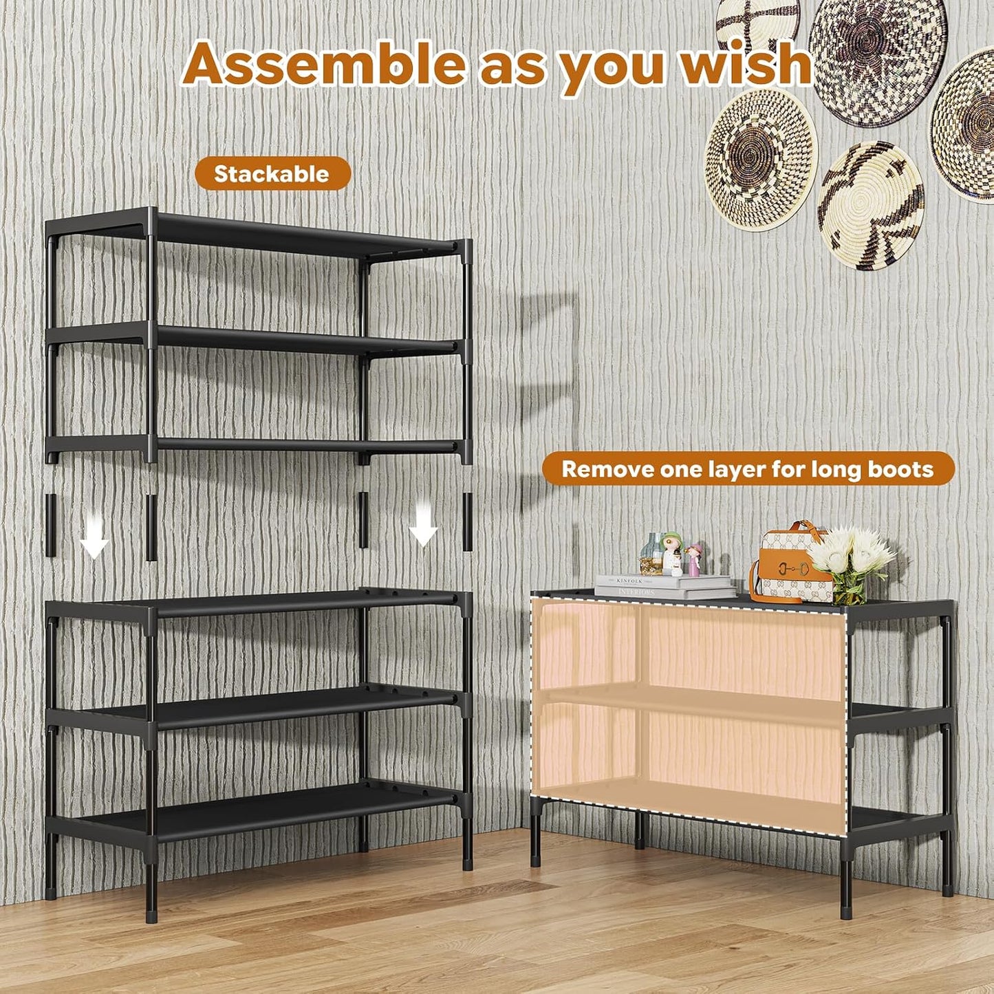 Simple Trending 3-Tier Stackable Shoe Rack, Expandable & Adjustable Shoe Shelf Storage Organizer, Wire Grid, Black