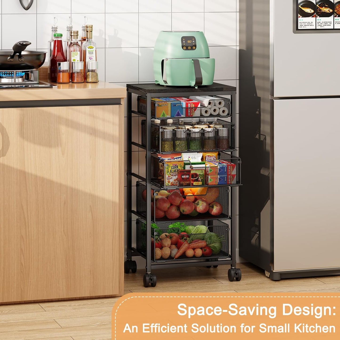 4 Tier Kitchen Rolling Cart, Kitchen Storage Cart with Wheels, Adjust Pantry Organizer and Storage Cart with Drawer, Fruit Vegetable Spice Storage Cart, Wooden Top Metal Kitchen Organizer Rack Stand