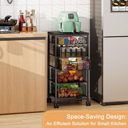 4 Tier Kitchen Rolling Cart, Kitchen Storage Cart with Wheels, Adjust Pantry Organizer and Storage Cart with Drawer, Fruit Vegetable Spice Storage Cart, Wooden Top Metal Kitchen Organizer Rack Stand