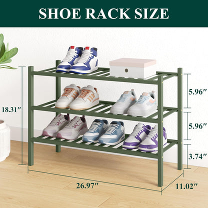 Smiry Bamboo Shoe Rack for Closet, 3 Tier Wooden Shoe Organizer, Stackable Wood Shoe Storage Shelf for Entryway, 14 Vertical Slats, One-piece Heavy-Duty Legs, 26.77"x11.02"x18.31", Natural