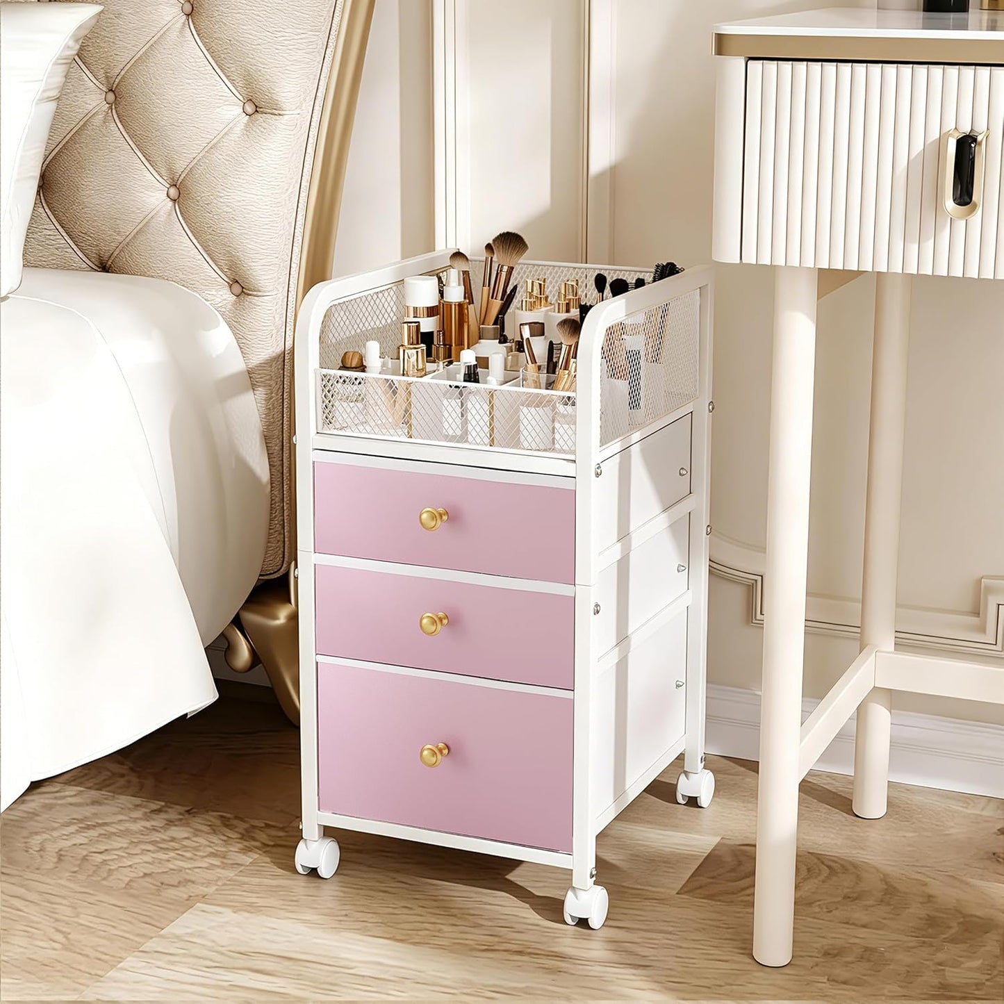 Rolling Makeup Organizer Cart with 3 Drawers, Under Desk Vanity Makeup Storage Cart, Bathroom Storage Cart Cosmetic Display Cases Cabinet for Nail Polish, Brushes & Hair Tools, Gold