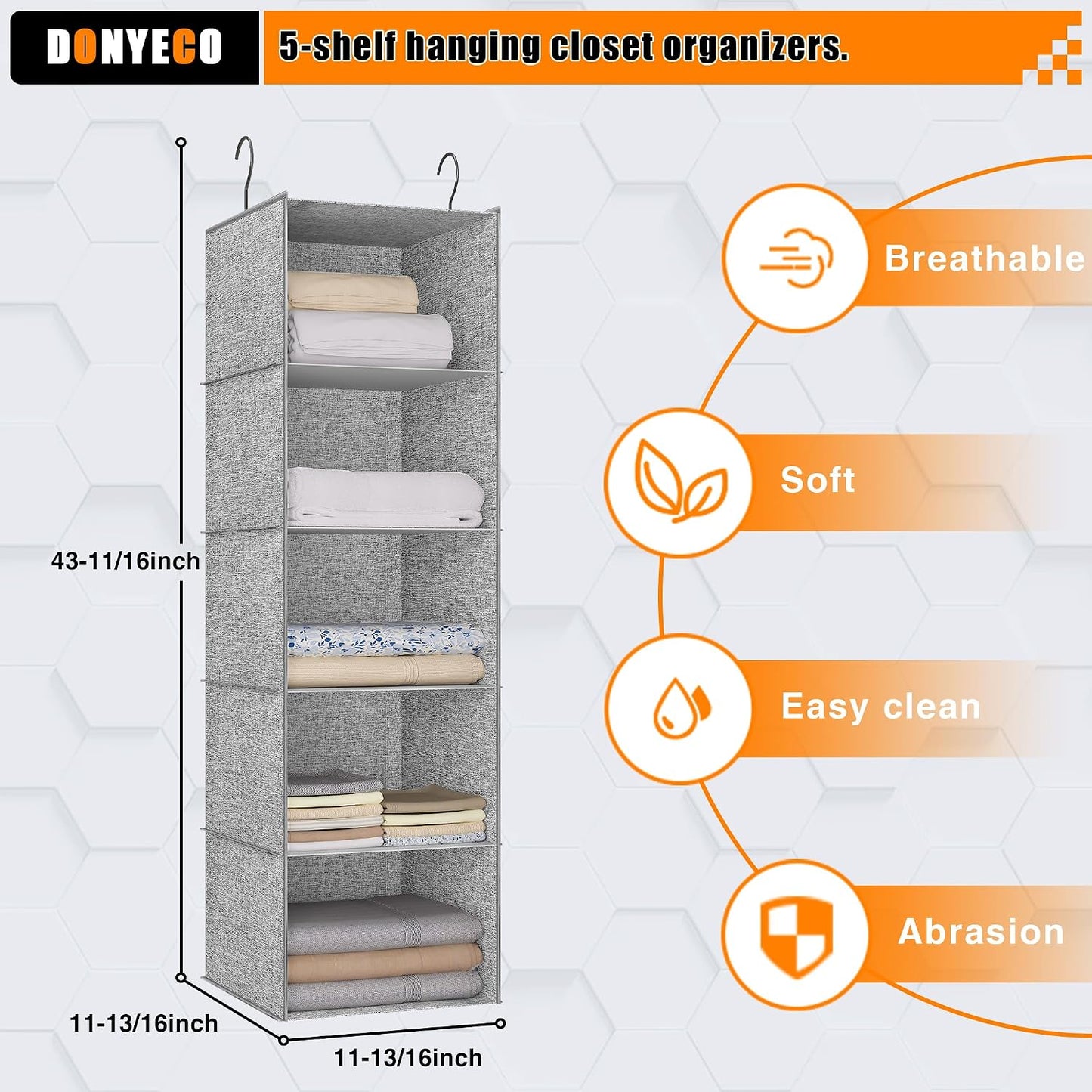 Hanging Closet Organizer 3-Shelf, Oxford Fabric Wardrobe Storage, Gray | Easy-mount foldable design holds clothes, handbags, shoes & accessories; washable Oxford fabric, sturdy and space-saving.