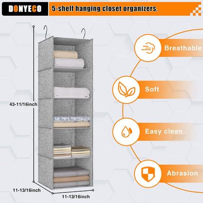 Hanging Closet Organizer 3-Shelf, Oxford Fabric Wardrobe Storage, Gray | Easy-mount foldable design holds clothes, handbags, shoes & accessories; washable Oxford fabric, sturdy and space-saving.