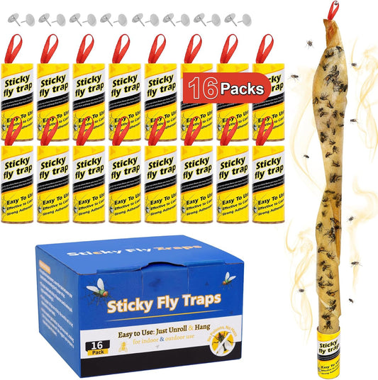 16 Pack Fruit Fly Traps for Indoors, Fly Traps Outdoor, gnat Traps for House Indoor, Fly Strips Tape Killer Catcher Paper Ribbon, Flying Insect Trap for Bug, Gnat, Insect, Mosquito