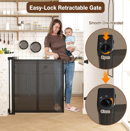 Reinforced 120" Extra Wide Retractable Baby Gates for Stairs, Mesh Saftey Gate for Pets, 10 Foot Retractable Dog Gate, No Drilling, One-Hand Operation, Retractable Gate for Indoor & Outdoor Use