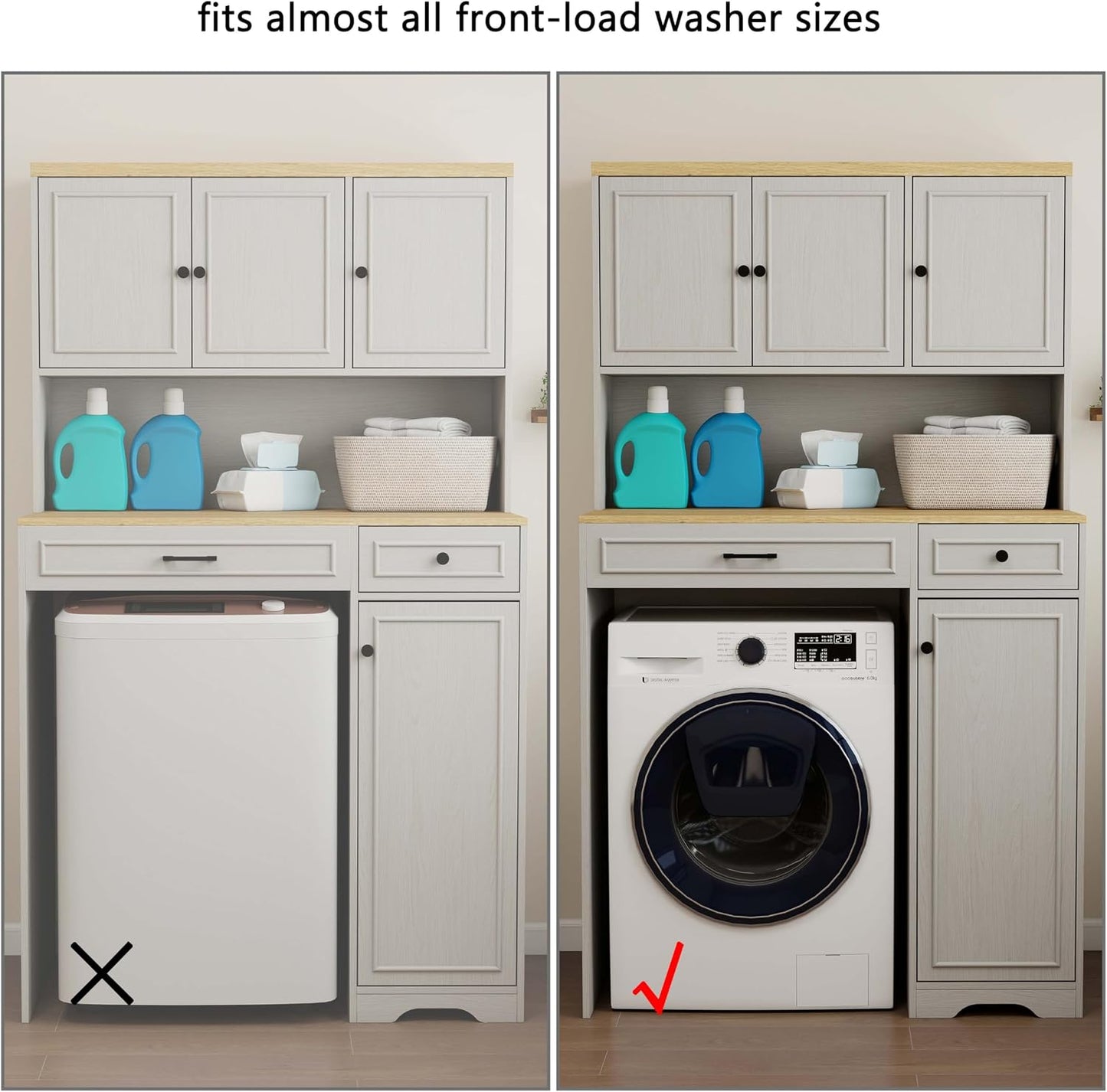 Laundry Room Storage Cabinet with Doors, Washer Dryer Countertop with Shelf & Laundry Basket, Over The Washer and Dryer Storage Shelf Cabinet for Bathroom, Easy Assembly (Large)