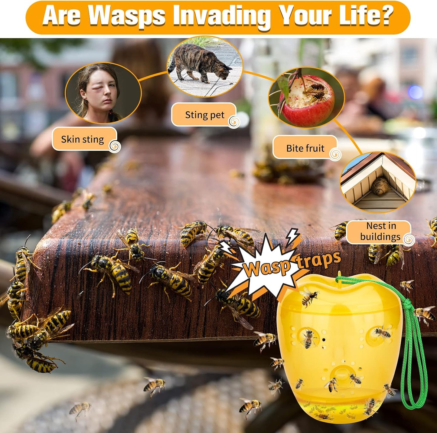 Wasp Trap, Yellow Jacket Trap Outdoor Hanging, Reusable Hornet and Wasp Catcher Traps for Outside, 2 Pack - Orange