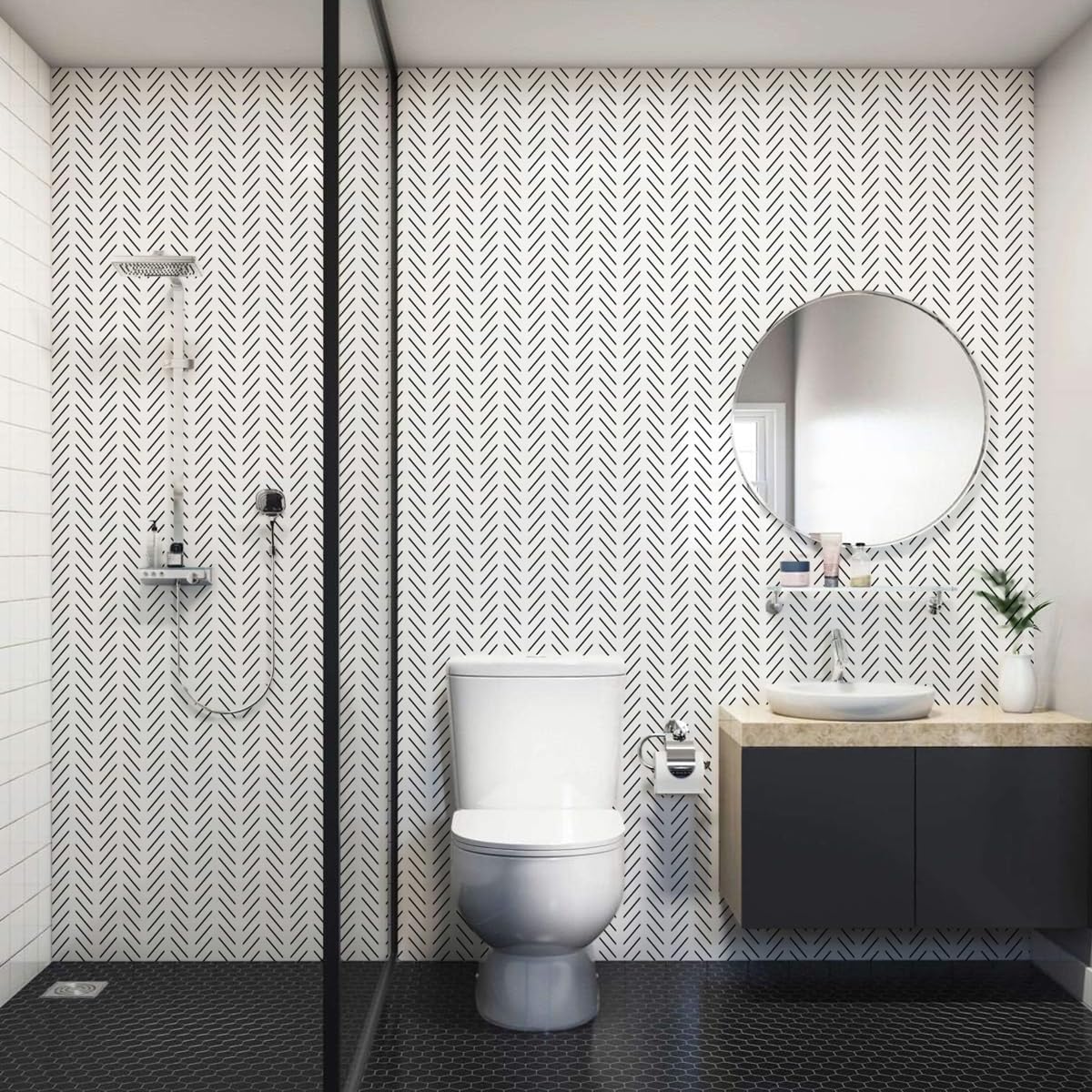 Erfoni Black and White Peel and Stick Wallpaper Modern Herringbone Contact Paper Bathroom 17.7inch x 118.1inch Geometric Removable Wallpaper Peel and Stick Self Adhesive Contact Paper for Accent Wall