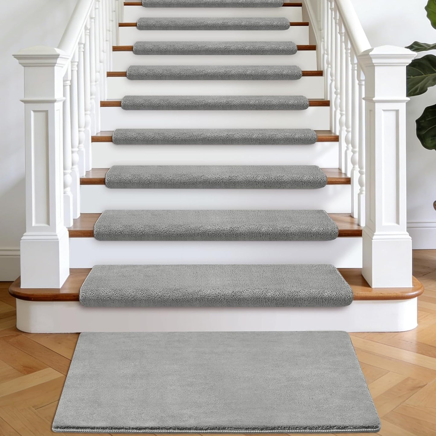 Bullnose Stair Treads Non Slip 9.5" x 32", 14 Pcs Ultra Plush Carpet Stair Treads for Wooden Steps Indoor with Edge Protection, Reusable Peel and Stick TPU Backing Stair Runner Rugs - Beige Gray
