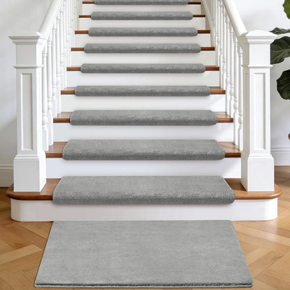 Bullnose Stair Treads Non Slip 9.5" x 32", 14 Pcs Ultra Plush Carpet Stair Treads for Wooden Steps Indoor with Edge Protection, Reusable Peel and Stick TPU Backing Stair Runner Rugs - Beige Gray