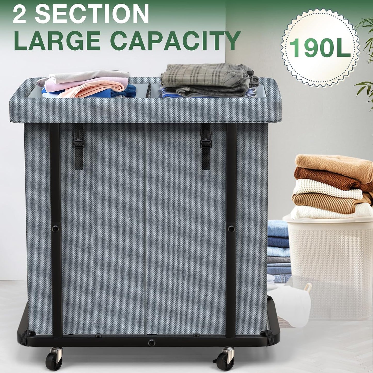 60 Gal(230L) Laundry Basket with Lid, Rolling Laundry Hamper with Wheels, Dirty Clothes Hamper with Metal Frame and Removable Bag Design, Suitable for Laundry Room, Bedroom (Black, 3 Section 230L)