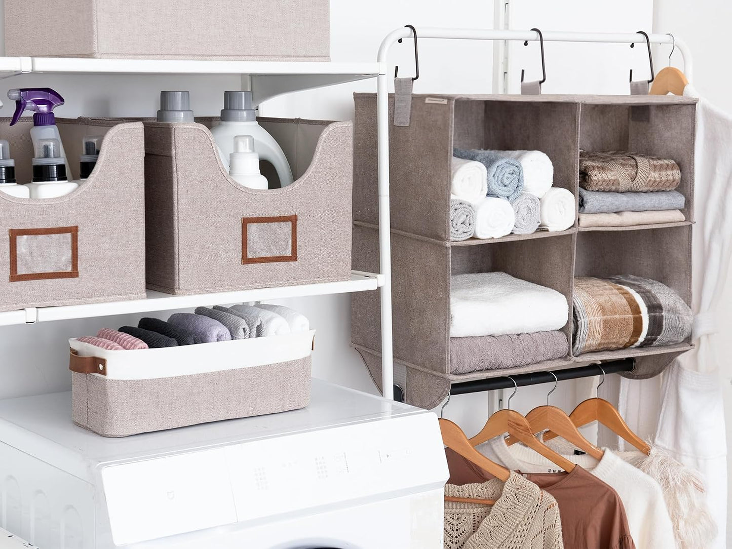 StorageWorks Hanging Closet Organizer with Metal Rod, 4-Section Closet Organizers and Storage, Collapsible Hanging Shelves for Baby Clothes, Shoes, Sweater Storage, Ivory and White