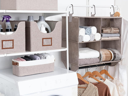StorageWorks Hanging Closet Organizer with Metal Rod, 4-Section Closet Organizers and Storage, Collapsible Hanging Shelves for Baby Clothes, Shoes, Sweater Storage, Ivory and White