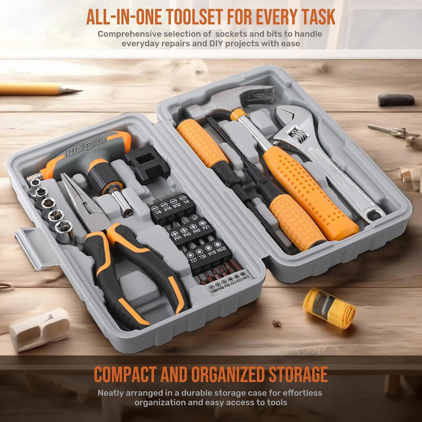 Hi-Spec Tool Kit Yellow 20pc. Small Tool Kit for Home DIY & Office Repairs. Compact and Lightweight Essential Tools in a Portable Book-Sized case.