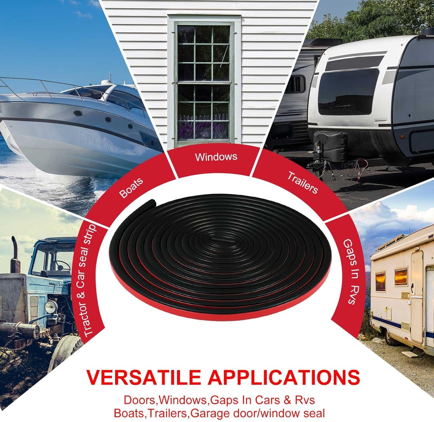 Pangda 10Ft D Shape Rubber Weather Stripping Foam Self-Adhesive EPDM Door Seal Strip for Noise Reduction Waterproof Dustproof for Cars Boats Truck RVs Windows Doors (3/4" W × 3/4" H)