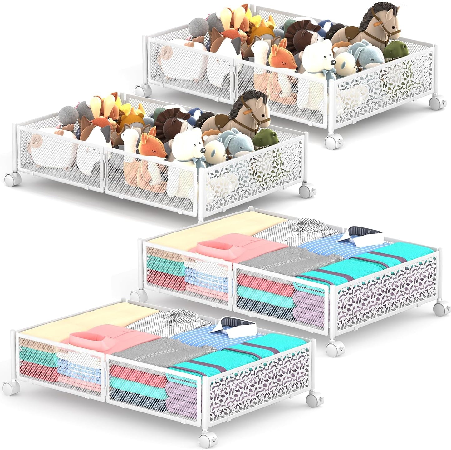 Under Bed Storage With Wheels, 2 Pack Foldable Pattern Carved Metal Under Bed Storage Containers, 60L Rolling Underbed Storage, Easy Assembly Under The Bed Storage for Shoes, Clothes, Blankets...