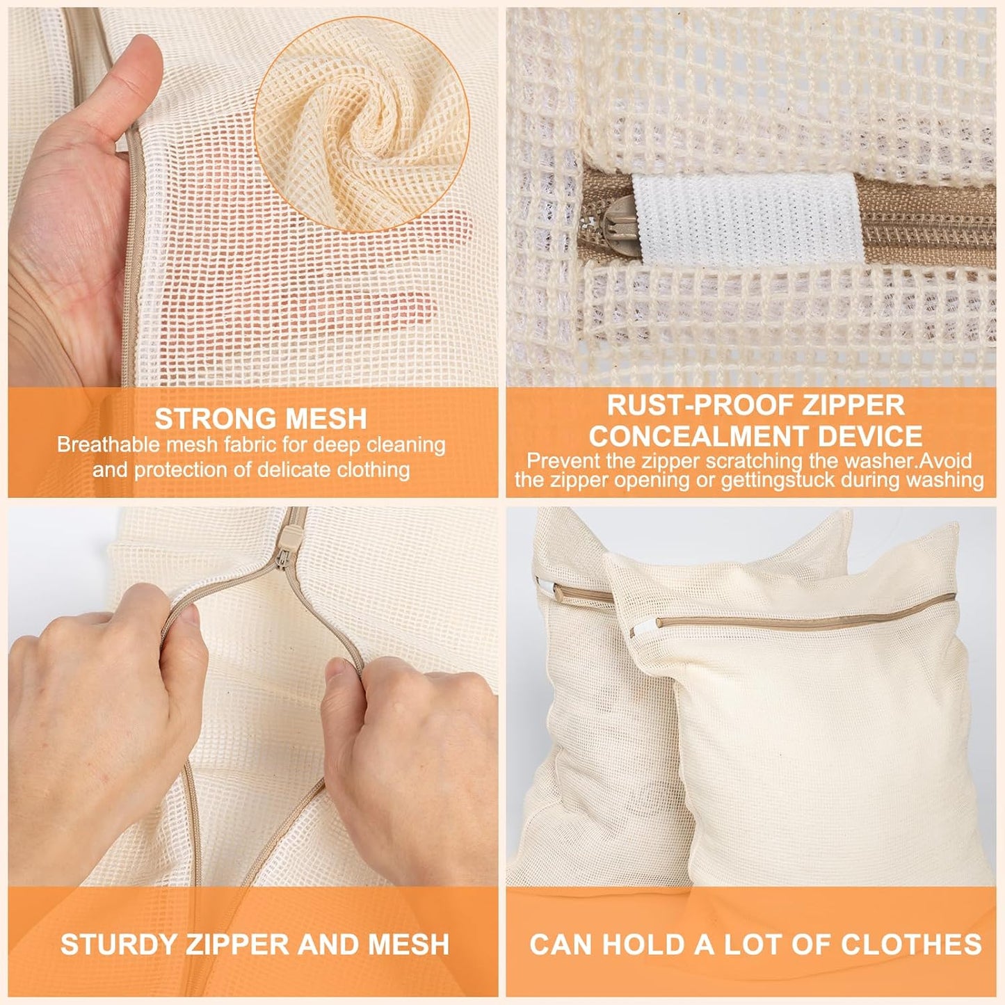 3-piece set extra-large 20×23.6 inch durable organic cotton mesh laundry bags, with sturdy zippers and breathable mesh, perfect for delicate items like underwear, clothes, pants, and socks.