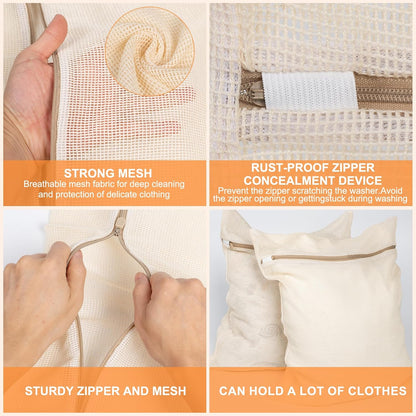 3-piece set extra-large 20×23.6 inch durable organic cotton mesh laundry bags, with sturdy zippers and breathable mesh, perfect for delicate items like underwear, clothes, pants, and socks.