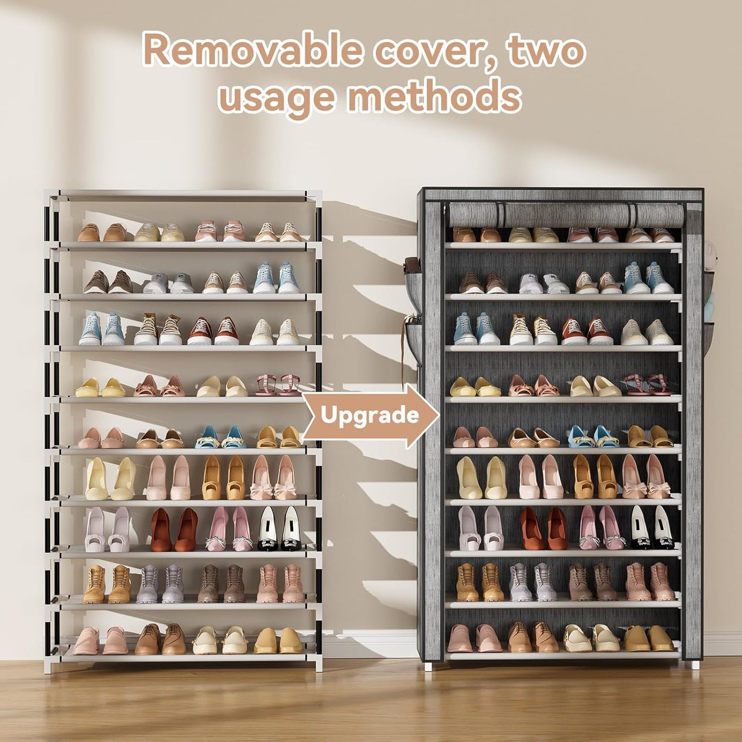 LANTEFUL Shoe Rack with Covers - 10 Tiers Tall Shoe Rack Organizer Large Capacity Shoe Shelf Storage 40 Pairs Space Saving Vertical Shoe Storage Organizer for Closet, Entryway, Dorm, Bedroom
