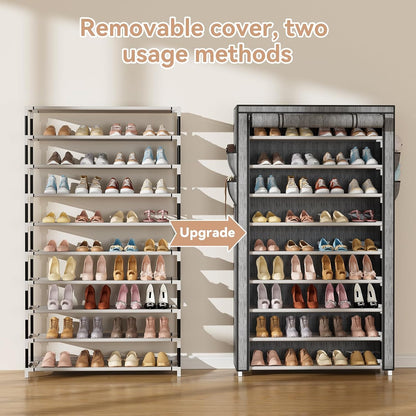 LANTEFUL Shoe Rack with Covers - 10 Tiers Tall Shoe Rack Organizer Large Capacity Shoe Shelf Storage 40 Pairs Space Saving Vertical Shoe Storage Organizer for Closet, Entryway, Dorm, Bedroom