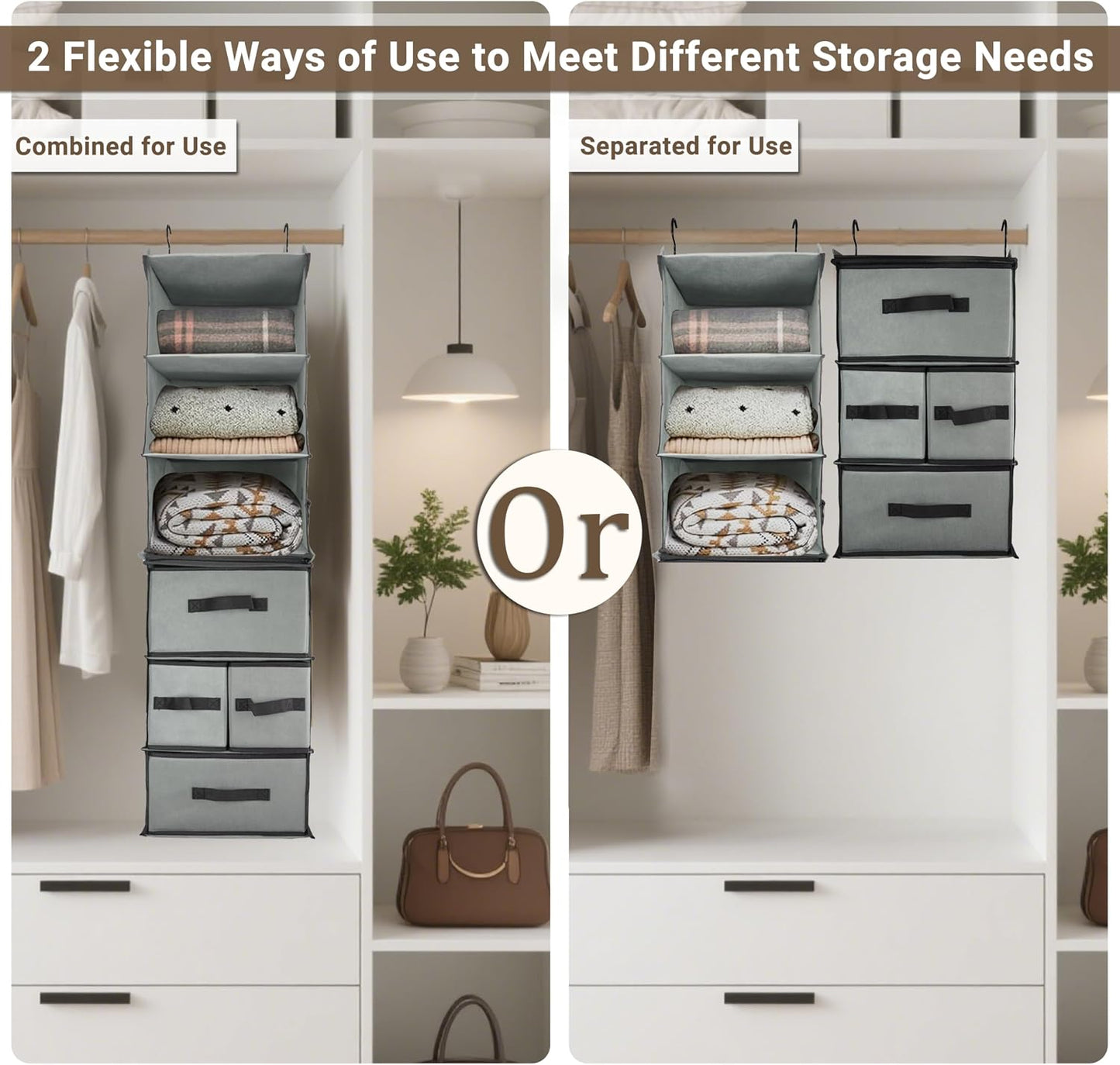 2-in-1 Durable 6-Tier Hanging Closet Organizer with 4 Removable Drawers,2 Separable 3-Tier Thickened Fabric Hanging Shelf Clothes Storage Organization Space-saving for Bedroom,Dorm,Guestroom,RV,Travel