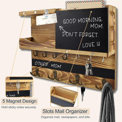 Key Holder for Wall Mount with Shelf and Mail Organizer, Key and Mail Holder with 16 Hooks, Farmhouse Entryway Organizer, Home Decor Rack (Pine Wood, Black)