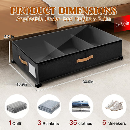 Under Bed Storage with Wheels, Rolling Under Bed Storage Containers with Clear Lid and Handles for Clothes, Shoes, Blankets, Pillows, Toys, Books, Bags (60L, 30.9 x 16.9 x 6.7in, Black, 2 Pack)