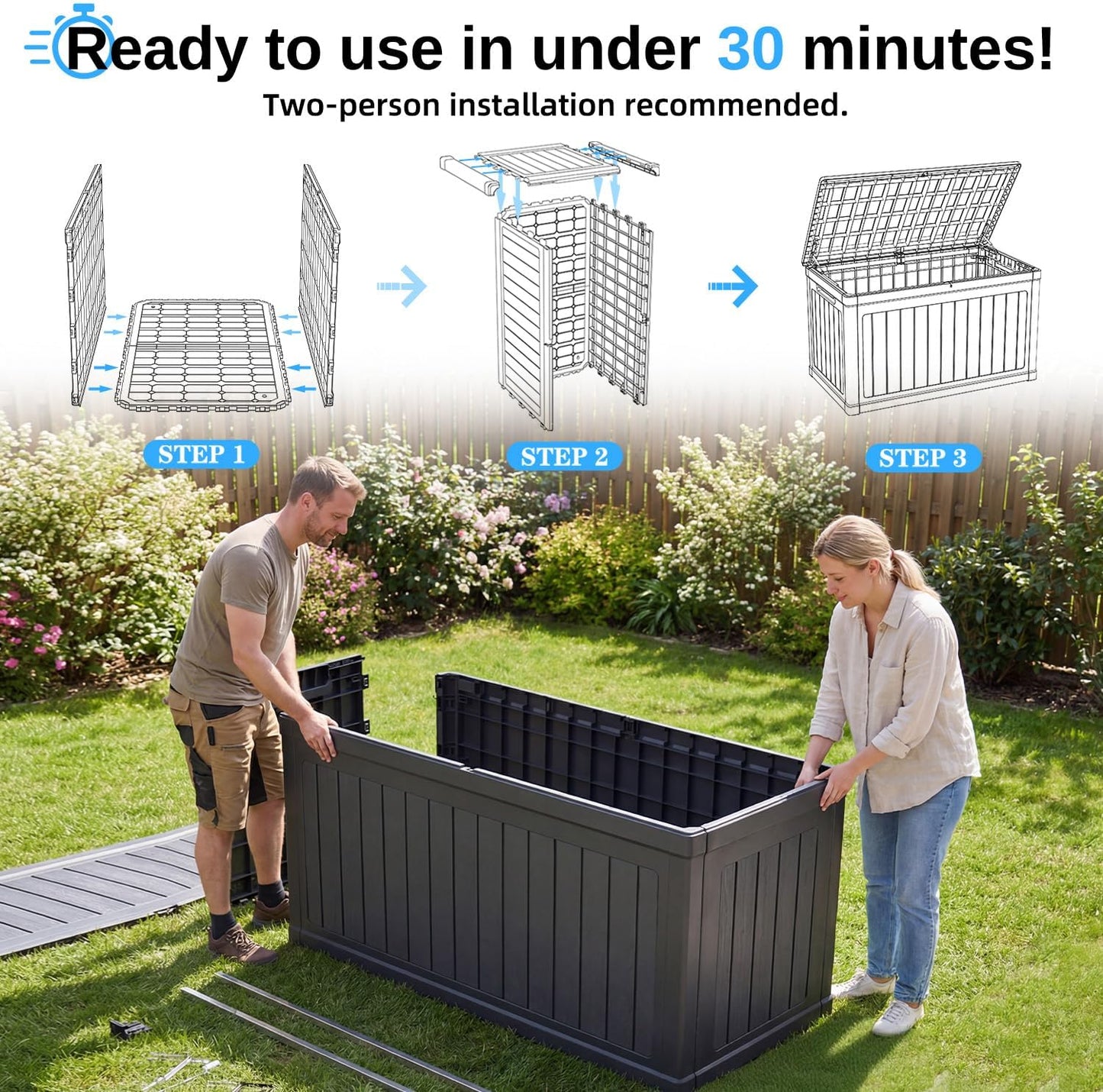 200 Gallon Deck Box, Resin Outdoor Waterproof Storage Box, Lockable Storage Box With Handle for Patio Furniture - Garden Tools - Swimming Pool Tools UV Resistant, Black