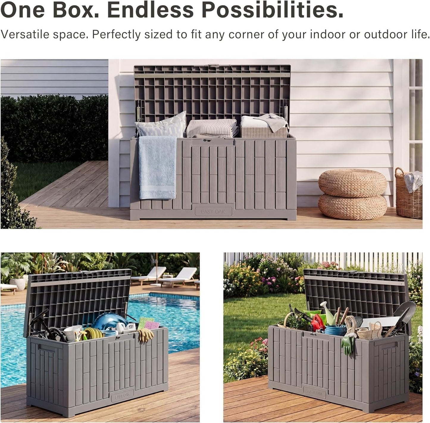 EAST OAK Outdoor Storage Box, 60 Gallon Deck Box Indoor and Outdoor Use, Waterproof Resin Storage Bin for Patio Cushions, Gardening Tools, Lockable, UV Resistant, Grey
