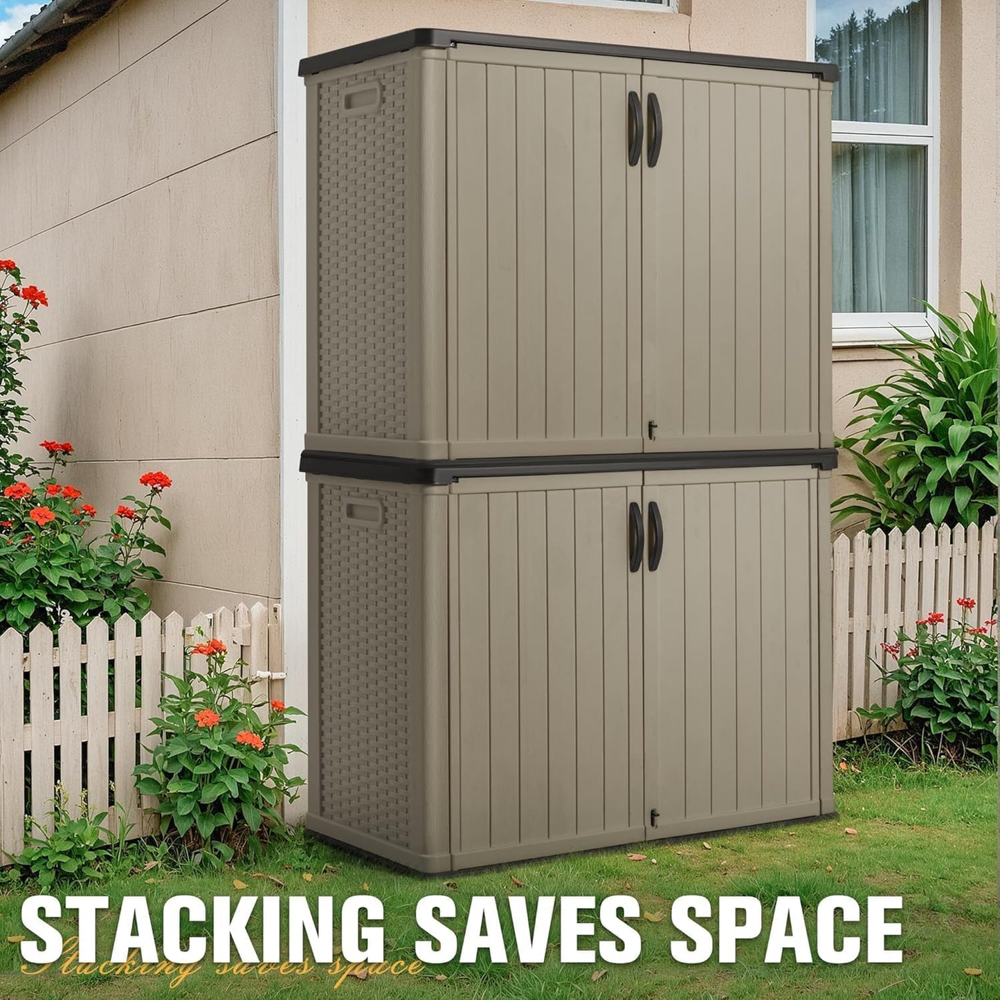 Greesum Outdoor Storage Cabinet, 26 CUFT Deck Box Without Shelves, Waterproof Plastic Storage Shed for Patio Cushions, Gardening Tools, Lockable and Sidehandles, UV Resistant, Beige