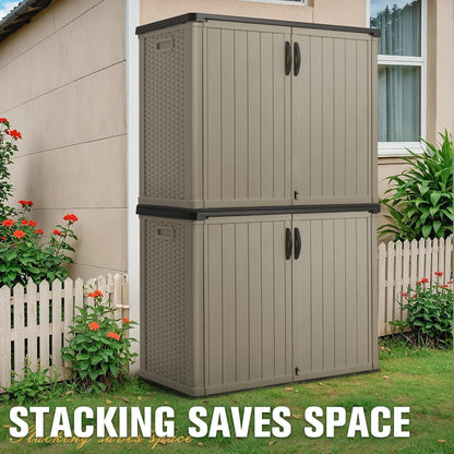Greesum Outdoor Storage Cabinet, 26 CUFT Deck Box Without Shelves, Waterproof Plastic Storage Shed for Patio Cushions, Gardening Tools, Lockable and Sidehandles, UV Resistant, Beige